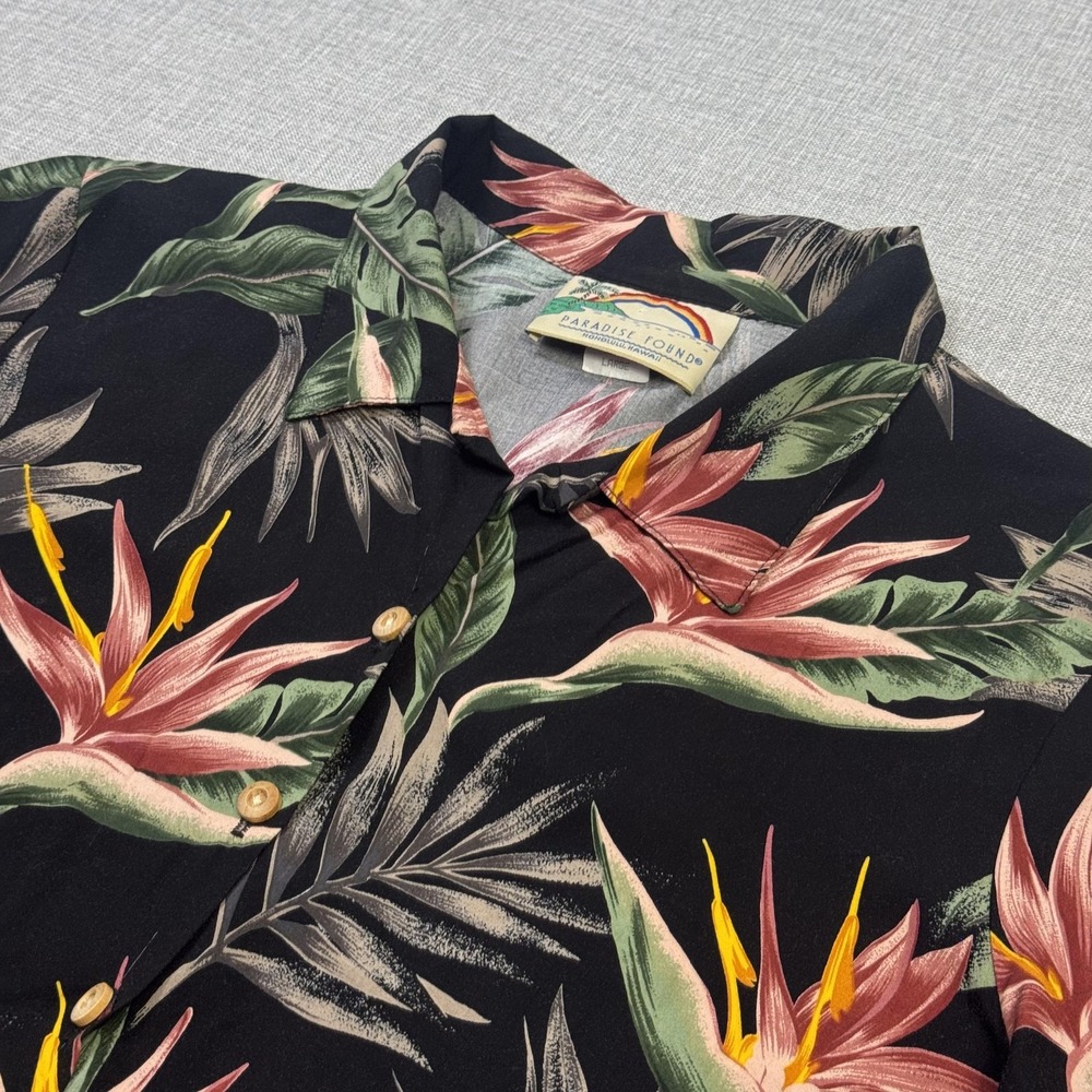 Paradise Found Vintage Button-Up Shirt Womens L Black Floral Short Sleeve Rayon